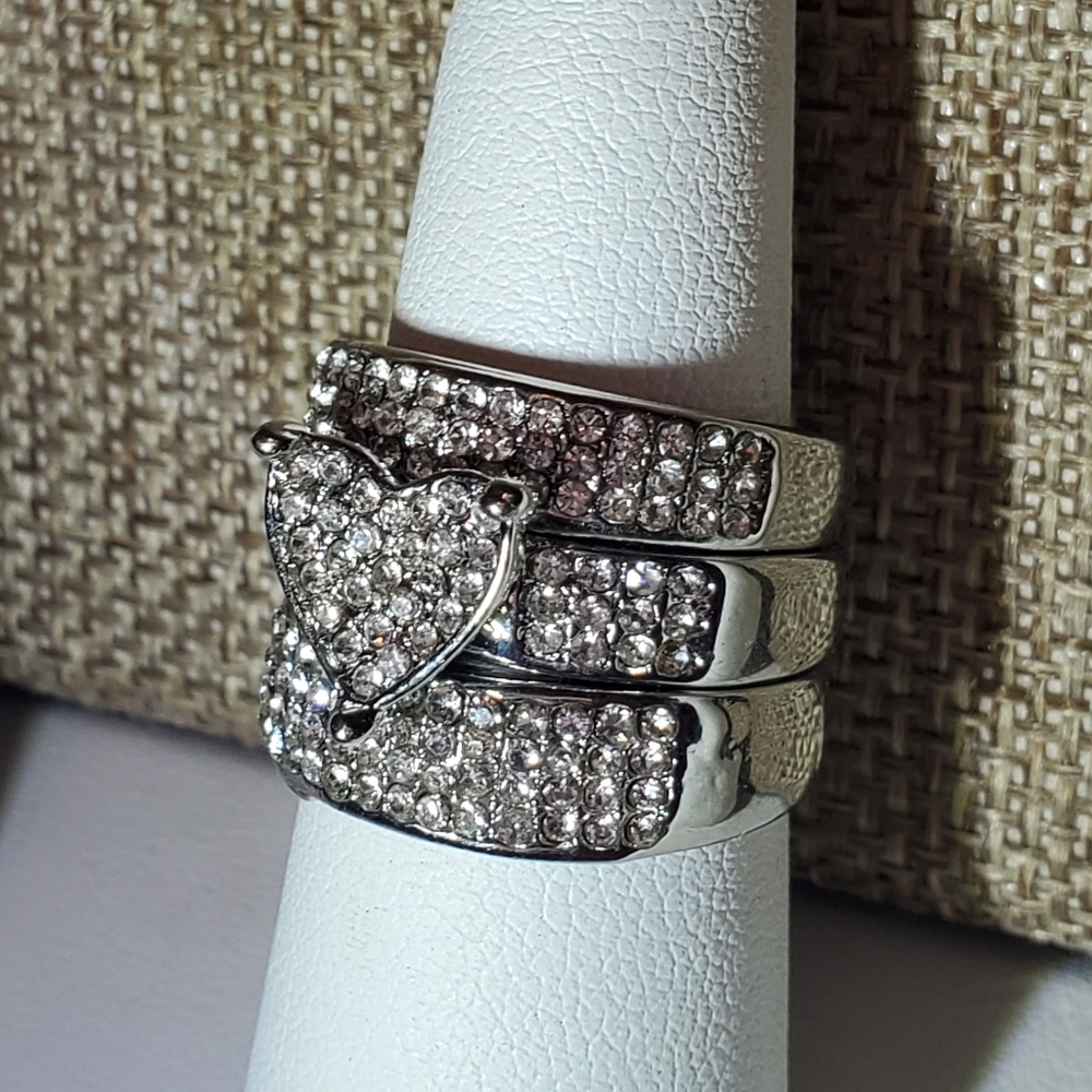 Stackable Silver Rhinestone Heart Trio Ring Set - Picture 9 of 16